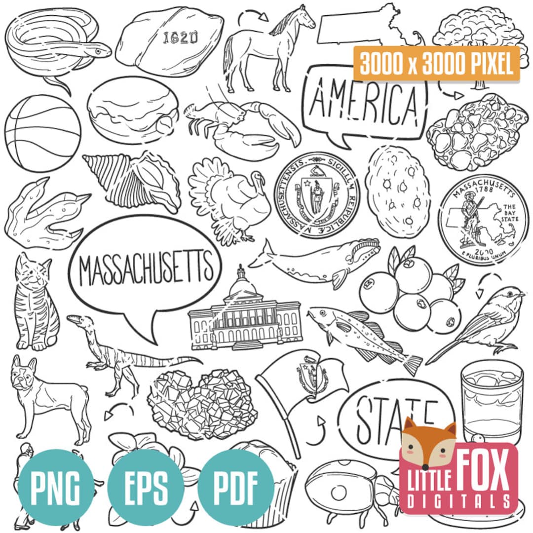 MASSACHUSETTS State Symbols. American State Clipart. Boston Salem