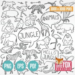 JUNGLE ANIMALS, doodle vector icons. Wild Animal Exotic Doodle Clipart. Set Hand drawn Sketch Line Art Coloring Hand Drawn Colection Design.