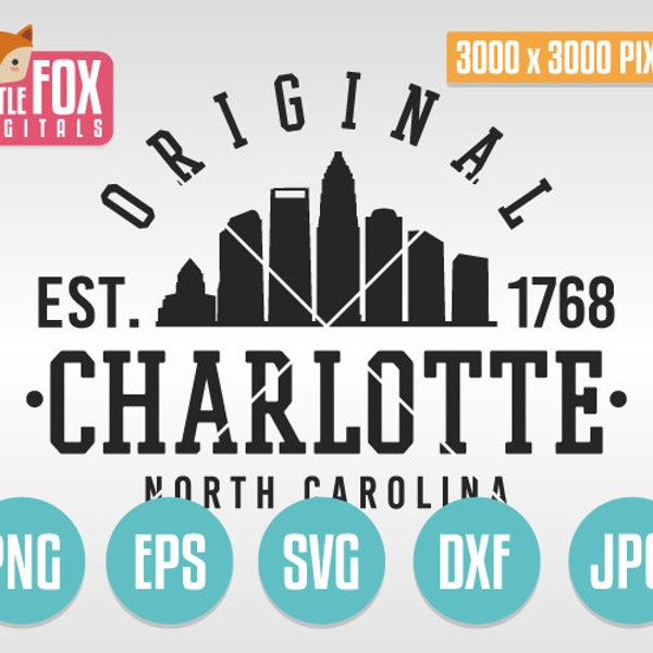 CHARLOTTE, North Carolina Silhouette Vector Skyline. City Landmark College Design Logo Cuttable Design. University Silhouette Cameo Cricut.