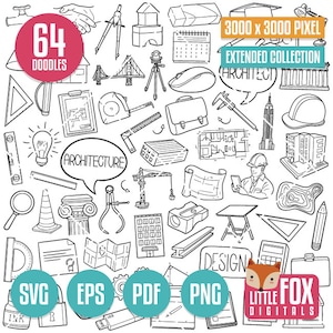 ARQUITETURA, ícones vetoriais de doodle SVG. Edifício de ferramentas de arquiteto. Linha de clipart para colorir de construção. Trabalhe designs de rabiscos desenhados à mão.