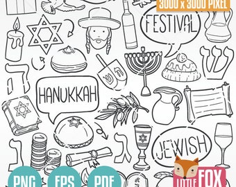 HANUKKAH JEWISH Holidays doodle vector icons. Jew Festival Clipart. Menorah Set Illustration Artwork Stamp. Design Hand Drawn Sketch.