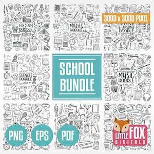 SCHOOLbundel. Terug naar school doodle iconen. Bundel illustraties Doodle. Set kleuren Hand tekenen lijnwerk Scrapbook. Schoolvakkencollectie.