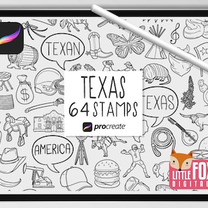 TEXAS STAMPS, Procreate Brushes, Texan Icons, Bundle Doodles. Clipart Digital Sticker Cowboy Western America Symbols Set Coloring.