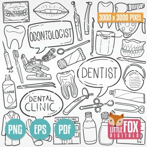 Iconos vectoriales de garabato DENTISTA. Clipart Odontólogo Clínica Dental. Establecer diseño ilustraciones sello dibujado a mano médico herramientas de atención médica boceto.