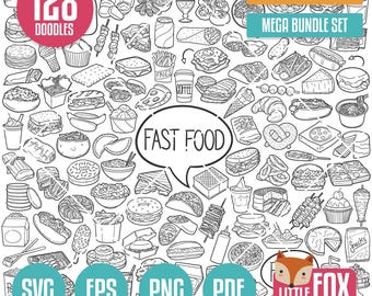 MEGA BUNDLE Fast Food svg Doodle Vektor-Icons. Illustration Clipart, Sammlungs-Set Hand gezeichnet Linie Kunst, Design Clip Art Färbung Skizze.