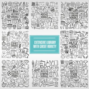May include: A black and white doodle illustration of various school subjects, including history, math, science, music, physical education, literature, and art. The illustration includes text such as "History Doodle", "Math Doodle", "Science Doodle", "Music Doodle", "Physical Education Doodle", "Literature & Language Doodle", and "Artistic Drawing Doodle".