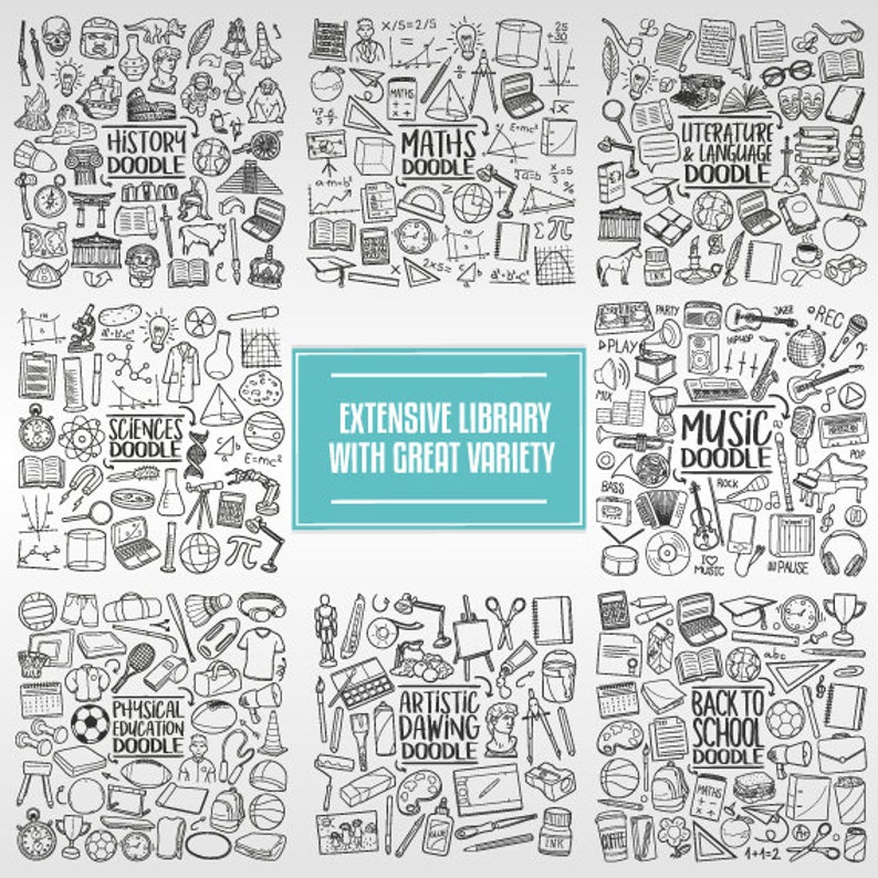 May include: A black and white doodle illustration of various school subjects, including history, math, science, music, physical education, literature, and art. The illustration includes text such as "History Doodle", "Math Doodle", "Science Doodle", "Music Doodle", "Physical Education Doodle", "Literature & Language Doodle", and "Artistic Drawing Doodle".