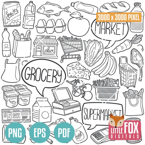 GROCERY, doodle vector icons. Market Shop Clipart Scrapbook. Supermarket Food Set Bundle. Shop Hand Drawn Sketch Line Art Design Store.