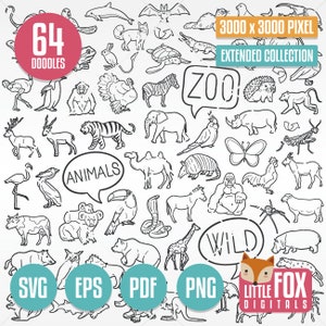 ZOO ANIMALS, SVG doodle vector icons. Wild Animal Zoological Fauna Clipart. Set Hand Drawn Sketch Line Coloring Hand Drawn Colection Design.