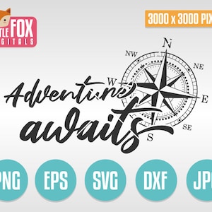 LA AVENTURA SVG ESPERA. Diseño recortable de brújula. Camafeo de silueta. Silueta Cricut. Cortar archivo. Silueta vectorial de brújula. Corte de calcomanía de brújula.
