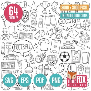 FUSSBALL BUNDLE SVG, Doodle Icons. Europäische Fußball Doodle Icons Clipart. Sport Spieler Ball Hand Gezeichnet. Line Art Design Set Kunstwerk.