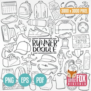 RUNNING Urban Sport Street. City Runner Traditional Doodle Icons. Clipart Marathon Set. Run Hand Drawn Line Art Design Set Artwork Clip Art.