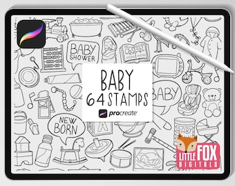BABY STAMPS, Procreate Brushes, New Born Icons, Maternity Bundle Doodles. Motherhood Clipart Digital Sticker Planner Scrapbook Set Coloring.