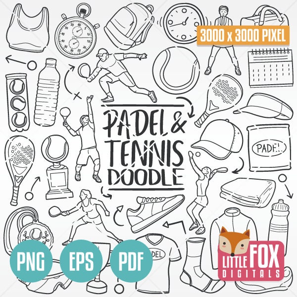 PADLE and TENNIS Sport. Doodle Icons Clipart. Scrapbook Set Hand Drawn. Sport Line Art Design. Clip Art Padel Tennis Coloring Sketch.