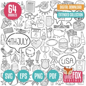 Iconos vectoriales de doodle SVG del Día de la Independencia. Clipart de iconos de doodle del 4 de julio de EE. UU. Línea dibujada a mano de EE. UU. Boceto para colorear de diseño americano.
