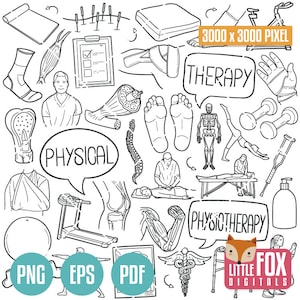 PHYSICAL THERAPY doodle vector icons. Terapist Center Care Healthy Massage Icons Clipart. Physiotherapy Artwork Coloring Hand Drawn Sketch.
