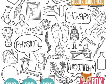 以下が含まれることがあります： 理学療法に関連するアイテムの白黒線画イラスト。イラストには、脊椎、マッサージ台の上の人、歩行器、トレッドミル、ダンベル、脚のブレース、聴診器、筋肉、足、そして「理学療法」という言葉が含まれています。