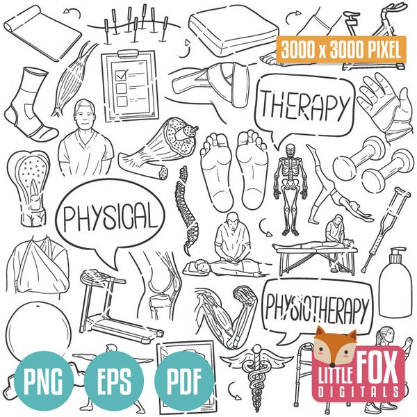 PHYSICAL THERAPY doodle vector icons. Terapist Center Care Healthy Massage Icons Clipart. Physiotherapy Artwork Coloring Hand Drawn Sketch.