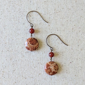 May include: A pair of dangle earrings with a brown wire and a round, brown and white patterned stone bead and a red bead.
