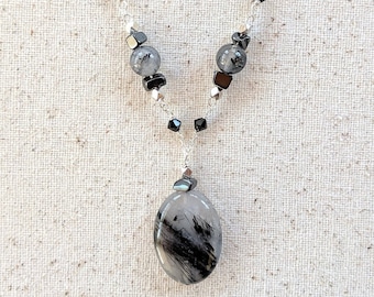 Svalbard Necklace - Tourmalinated Quartz and Hematite Gemstone Pendant Necklace With Sterling Silver Chain