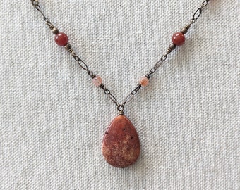 Afterglow Necklace - Natural Red Fossil Coral, Carnelian and Sunstone Delicate Teardrop Pendant Gemstone Necklace with Antiqued Brass Chain
