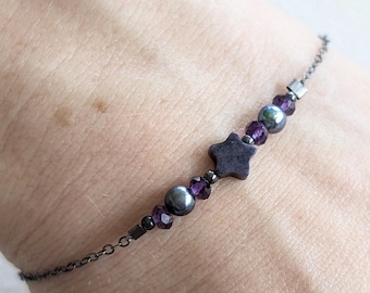 Nova Bracelet - Delicate Tiny Star Bracelet with Dumortierite Freshwater Pearl and Amethyst in Oxidized Sterling Silver