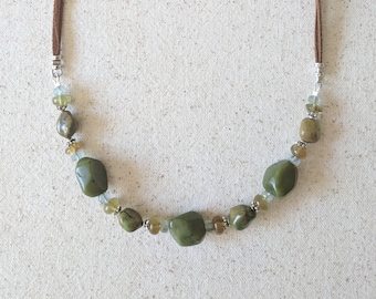 Gaia Necklace - Green Jade, Turquoise and Aquamarine Chunky Gemstone Nugget Necklace with Faux Leather Accent in Sterling Silver