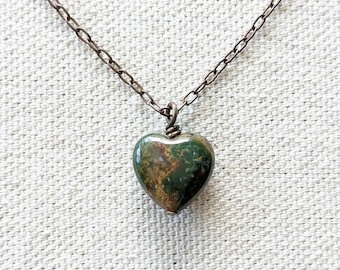 Heart Aflutter Necklace - Bloodstone Dainty Green Gemstone Heart Charm Pendant Chain Necklace in Antiqued Brass - Cute Valentine's Gift