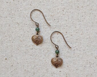 Heart Leaf Earrings - Dainty Heart Shaped Leaf Charm Earrings with Moss Agate Gemstone in Antiqued Brass or Niobium