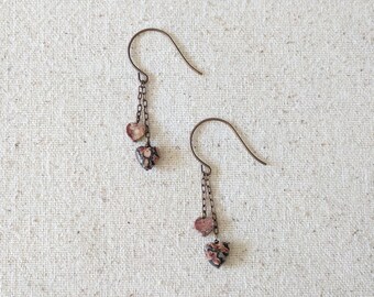 Wild Heart Earrings - Leopard Jasper Dangling Gemstone Heart Earrings in Brass - Cute Valentine's Gift