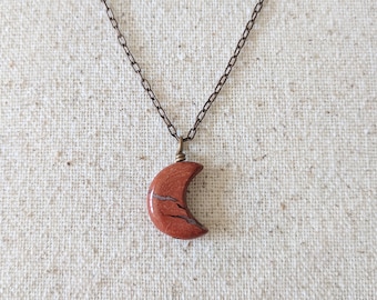Blood Moon Necklace - Red Jasper Dainty Gemstone Moon Pendant on Antiqued Brass Chain