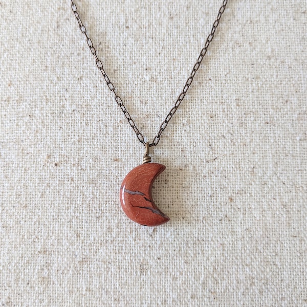 Blood Moon Necklace - Red Jasper Dainty Gemstone Moon Pendant on Antiqued Brass Chain