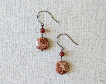 Fire Blossom Earrings - Red Fossil Coral and Carnelian Dangling Gemstone Coin Earrings in Brass or Niobium
