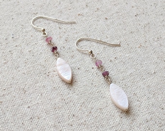 Felicia Earrings - Pink Tourmaline and Mother of Pearl Marquise Dainty Dangling Gemstone Earrings in Sterling Silver