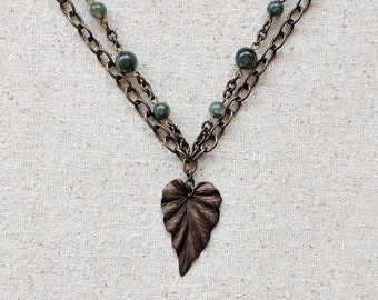 Woodland Necklace - Forest Green Moss Agate Gemstone Necklace with Decorative Brass Leaf Pendant and Antiqued Brass Chain