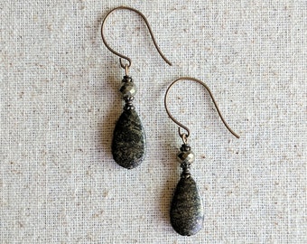 Black Gold Earrings - Pyrite Gemstone Teardrop Earrings in Brass or Niobium