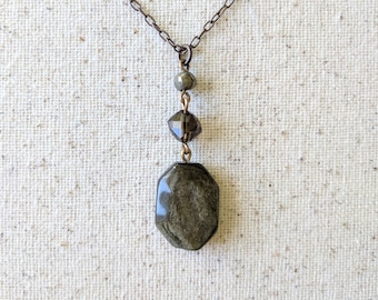 Gold Dust Necklace - Golden Obsidian, Smokey Quartz and Pyrite Delicate Minimalist Gemstone Pendant Chain Necklace in Antiqued Brass