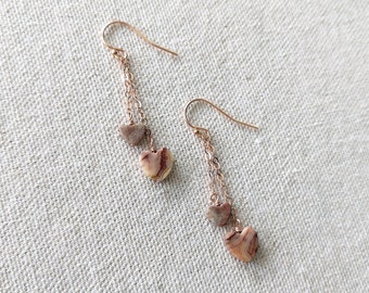 Wild Heart Earrings - Crazy Lace Agate and Jasper Dangling Gemstone Heart Earrings in Gold or Rose Gold - Cute Valentine's Gift
