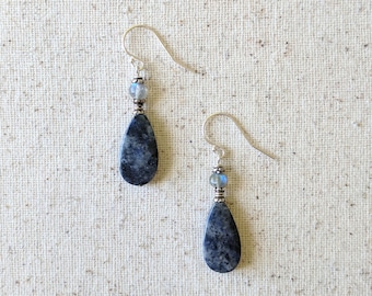 Stormy Night Earrings - Labradorite and Dumortierite Dangling Gemstone Teardrop Earrings in Sterling Silver