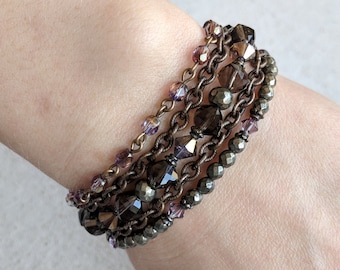 Glimmer Bracelet - Pyrite, Smokey Quartz and Crystal Glittering Multi-Strand Gemstone Bracelet with Antiqued Brass Chain