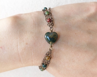 Heart Aflutter Bracelet - Bloodstone and Jasper Multicolor Gemstone Heart Bracelet - Cute Valentine's Gift