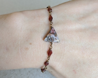Prowess Bracelet - Leopard Jasper and Garnet Delicate Wire Wrapped Gemstone Bracelet in Antiqued Brass