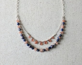Theia Necklace - Sunstone and Blue Orange Sodalite Tiered Gemstone Teardrop Necklace in Sterling Silver