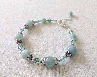 Clearwater Bracelet - Natural Pale Green Jade and Crystal Elegant Gemstone Bracelet with Silver Swirl Accents