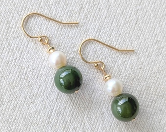 Lily Earrings - Green Jade and White Freshwater Pearl Round Gemstone Earrings in 14k Yellow Gold Fill