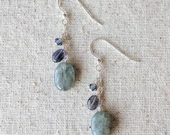 Falling Water Earrings - Blue Kyanite and Purple Iolite Dangling Gemstone Cluster Earrings in Sterling Silver