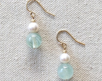 Avril Earrings - Blue Aquamarine and White Freshwater Pearl Round Stacked Gemstone Earrings in 14k Yellow Gold Fill