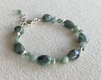 Emerald Isle Bracelet - Emerald and Green Jade Chunky Gemstone Nugget Bracelet in Sterling Silver