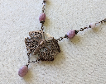 Chrysalis Necklace - Pink Lepidolite Ornate Gemstone Necklace with Filigree Butterfly Pendant and Antiqued Brass Chain