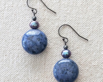 Ebb and Flow Earrings - Blue Dumortierite and Peacock Freshwater Pearl Round Gemstone Coin Earrings in Oxidized Sterling Silver